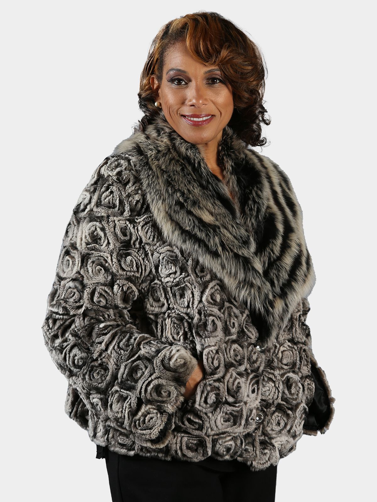 Plus Size Black and White Rex Rabbit Fur Jacket - Estate Furs