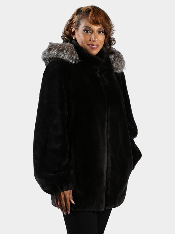 Woman's Plus Size Carbon Sheared Beaver Fur Jacket with Detachable Fox Trimmed Hood