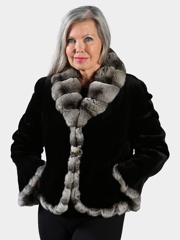 Woman's Black Sheared Mink Fur Jacket with Chinchilla Trim