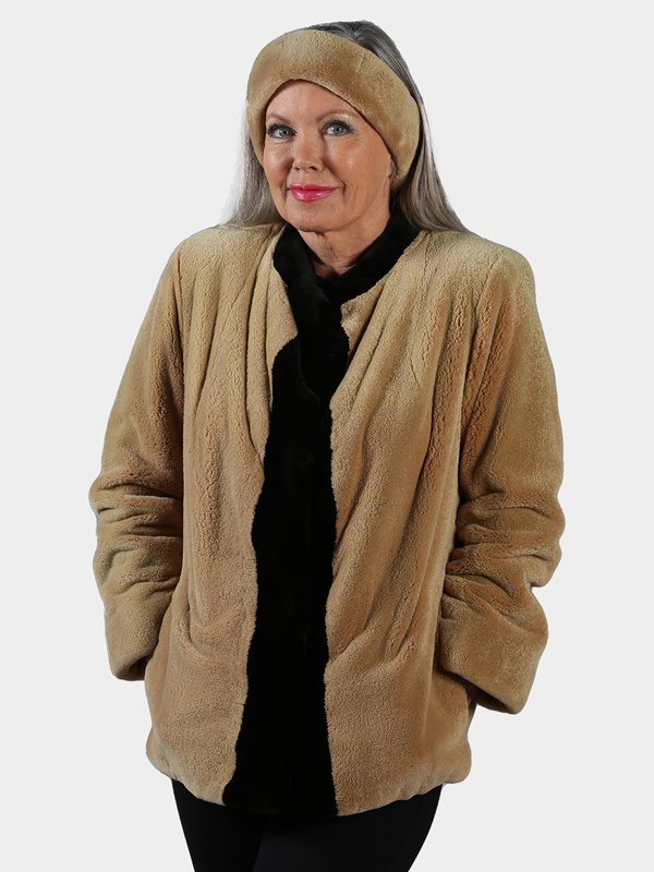 Woman's Camel Sheared Mink Fur Jacket with Black Mink Trim and Headband