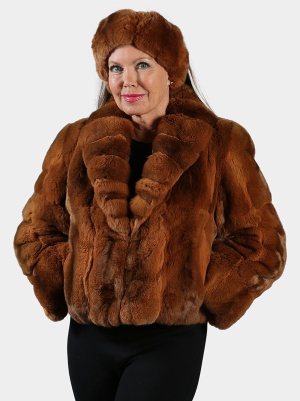 Woman's Whiskey Dyed Chinchilla Fur Jacket with Headband