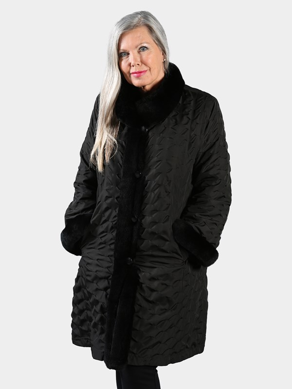Woman's Black Cloth Stroller with Rex Rabbit Trim Reverses to Brown Rain Taffeta