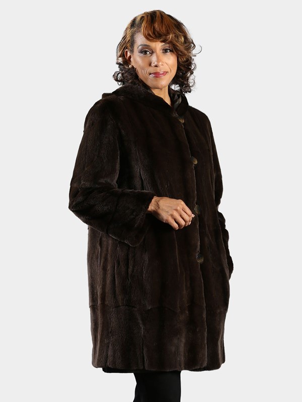 Woman's Brown Sheared Mink Fur Stroller with Hood (Reversible)