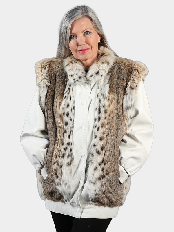 Woman's Cat Lynx Fur Jacket with Leather Sleeves