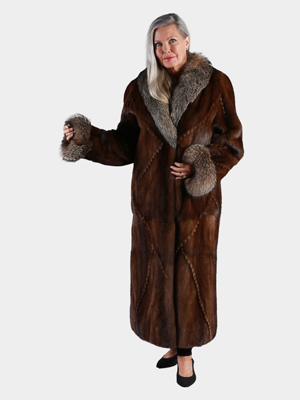 Woman's Demi Buff Mink Fur Coat with Crystal Fox Collar and Cuffs