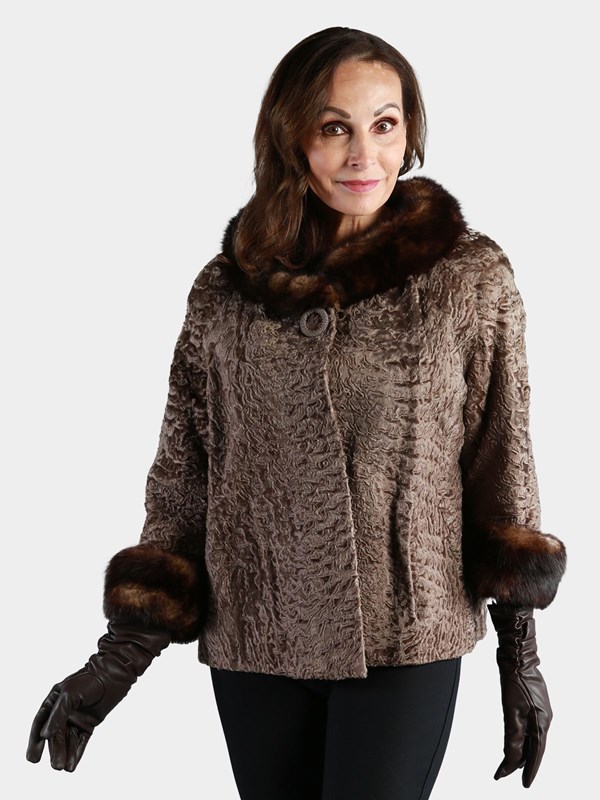 Woman's Taupe Broadtail Lamb Fur Jacket with Mahogany Mink Collar and Cuffs