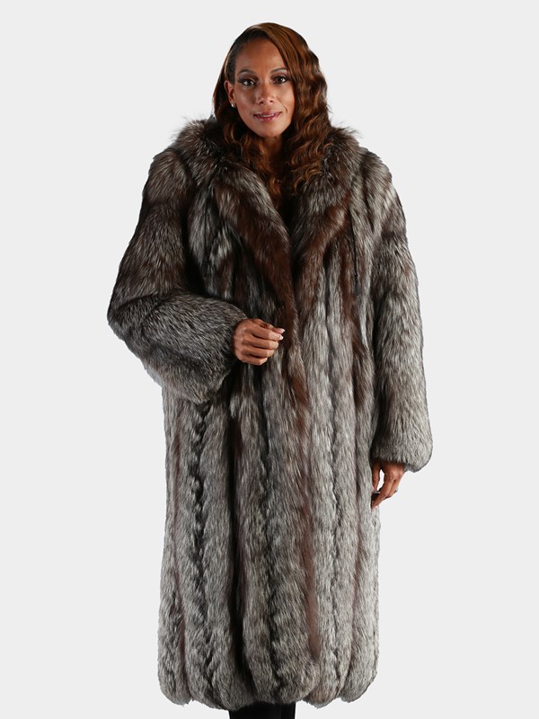 Woman's Natural Silver Fox Fur Coat with Hood