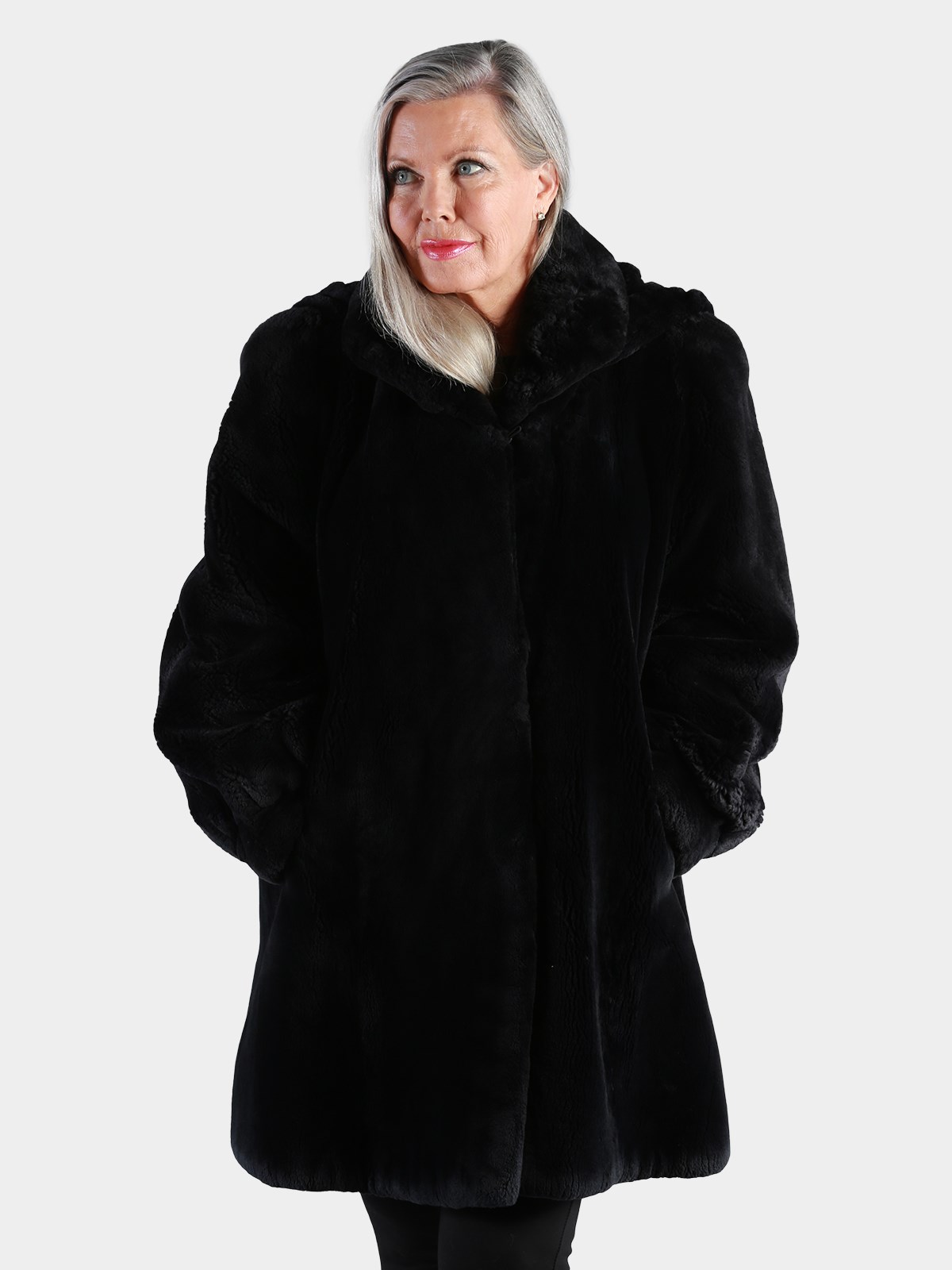 Woman's Onyx Sheared Beaver Fur Stroller with Detachable Hood