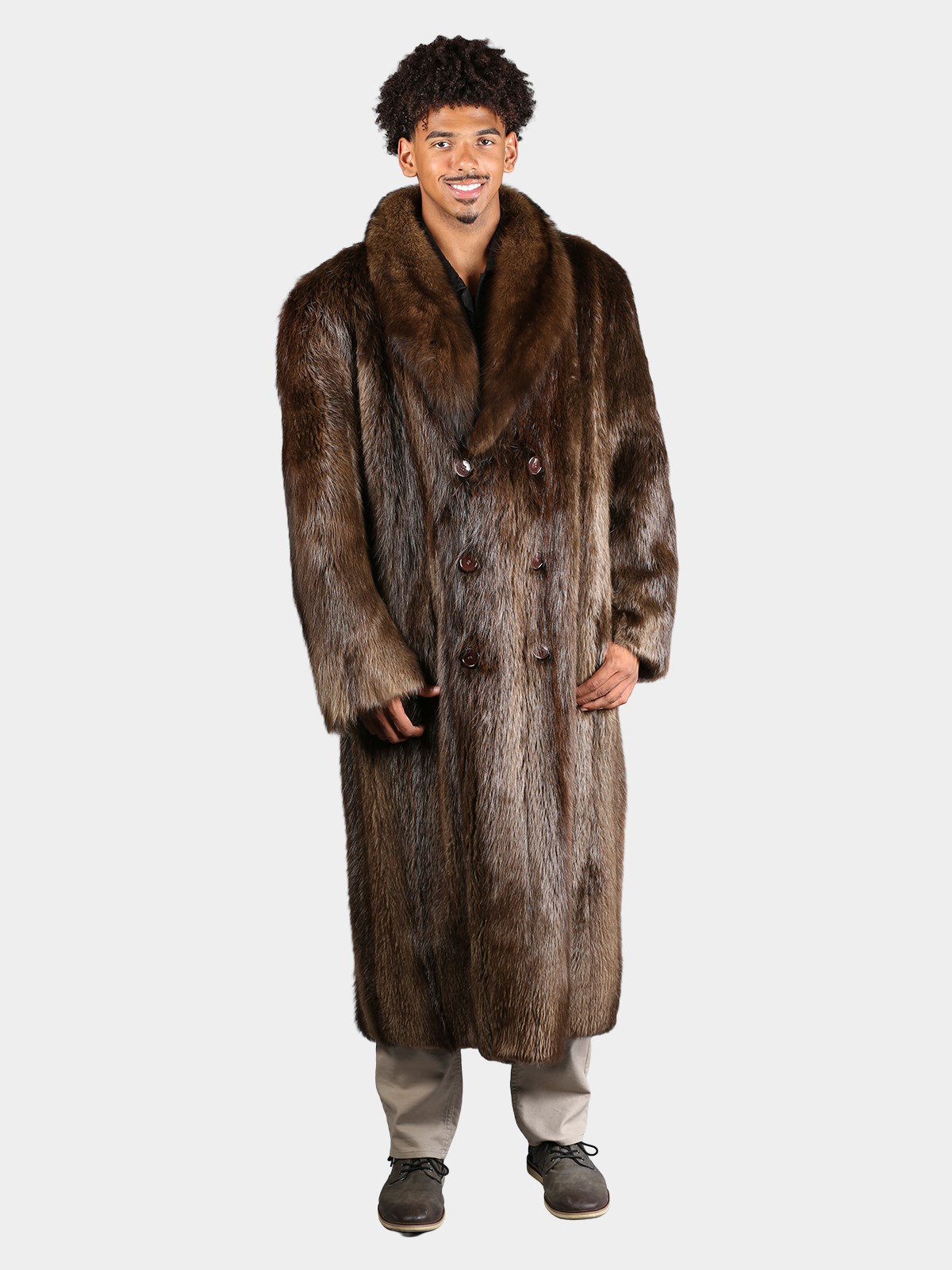 Man's Natural Medium Tone Long Hair Beaver Fur Coat with Stone Martin Collar