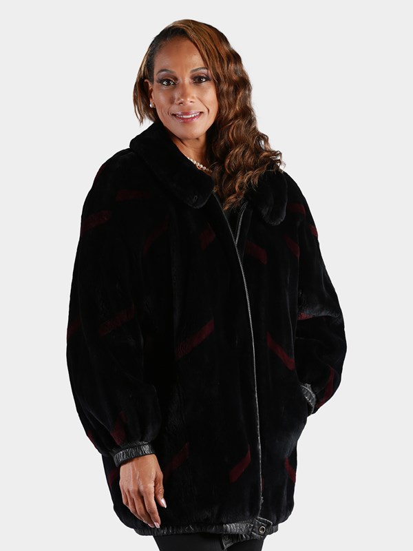 Woman's Plus Size Black Sheared Beaver Fur Jacket Reversing to Black Leather