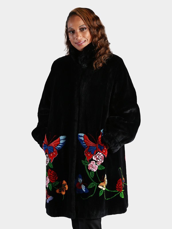 Woman's Plus Size Zuki Black Sheared Beaver Fur Stroller with Butterfly and Floral Inserts