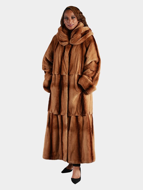Woman's Whiskey Degrade Sheared Mink Fur Coat Reversible with Double Fur Hood