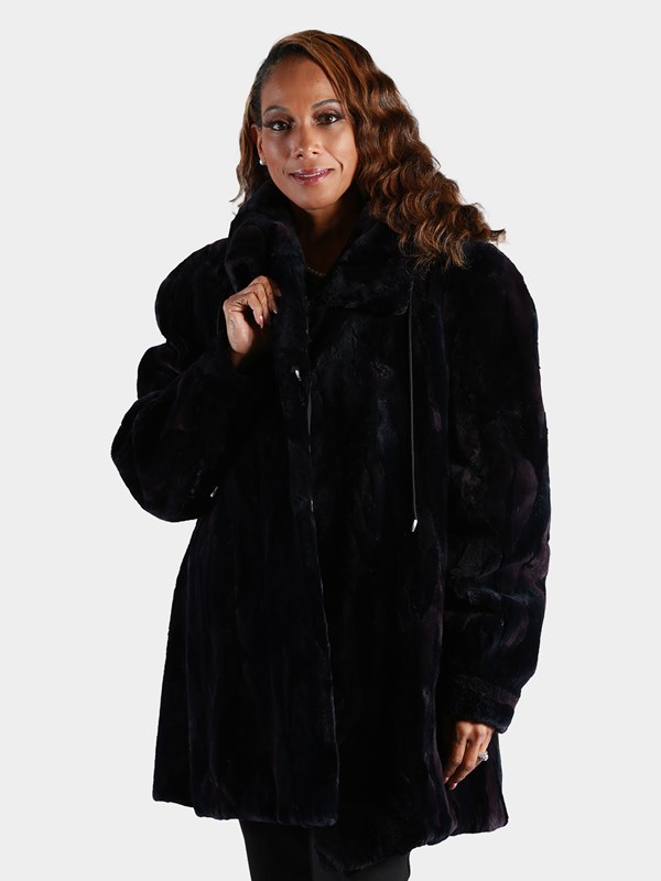 Woman's Plus Size Black / Purple Sheared and Sculptured Beaver Fur Stroller with Detachable Hood