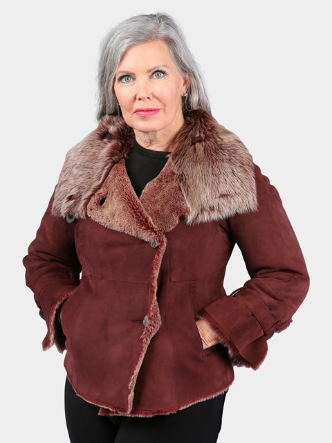 Woman's Petite Dyed Rust/Brown Shearling Lamb Fur Jacket with Loscana Fleece