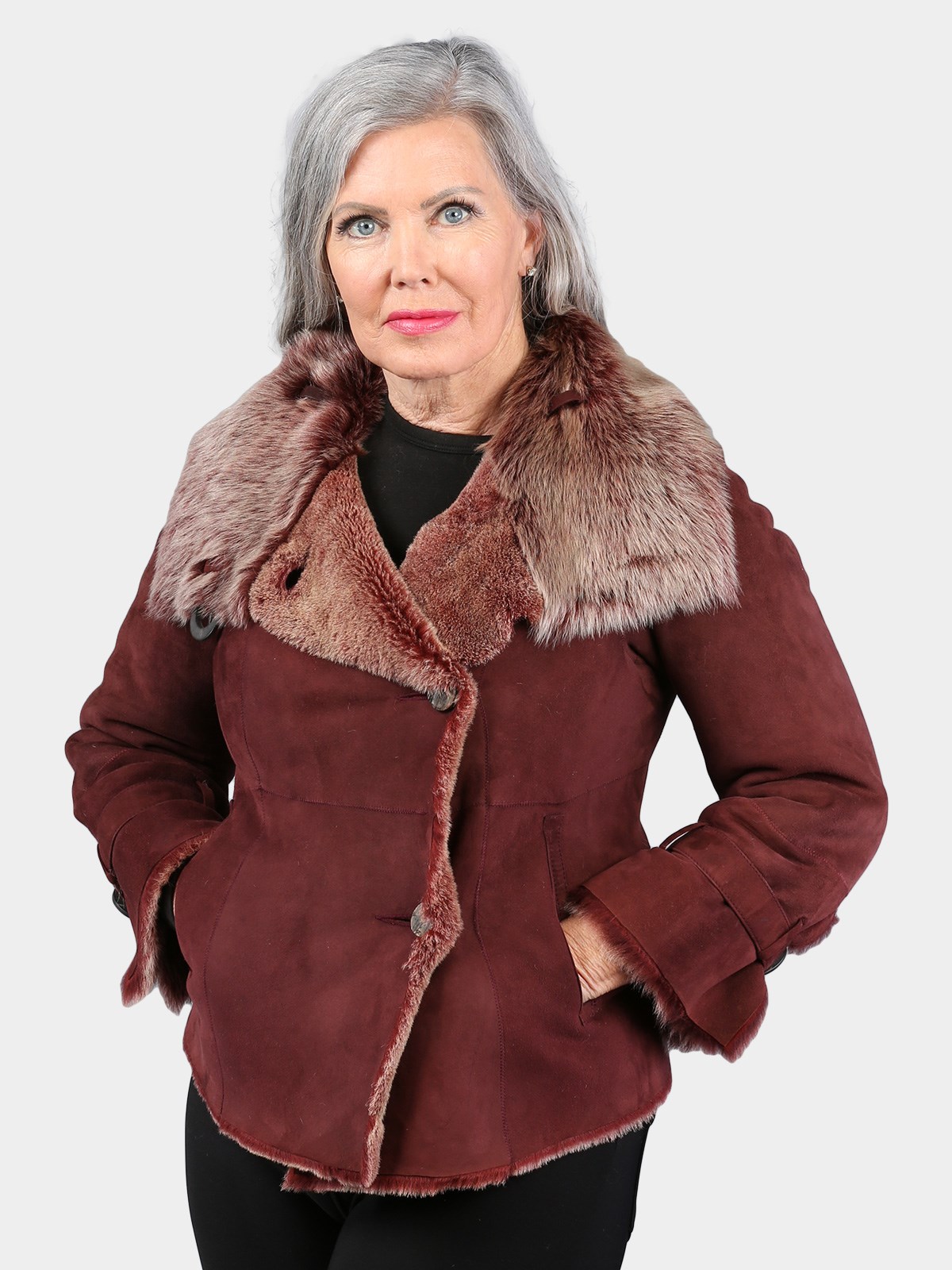 Woman's Petite Dyed Rust/Brown Shearling Lamb Fur Jacket with Loscana Fleece