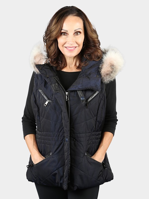 Woman's Gorski Navy Fabric Vest with Fox Fur Trimmed Hood