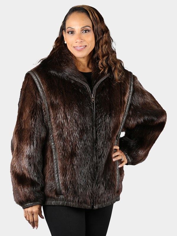 Men's Natural Dark Brown Long Hair Beaver Fur Jacket