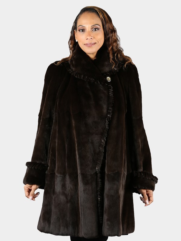 Woman's Brown Sheared Swing Style Mink Fur Stroller Reversible to Rain Taffeta