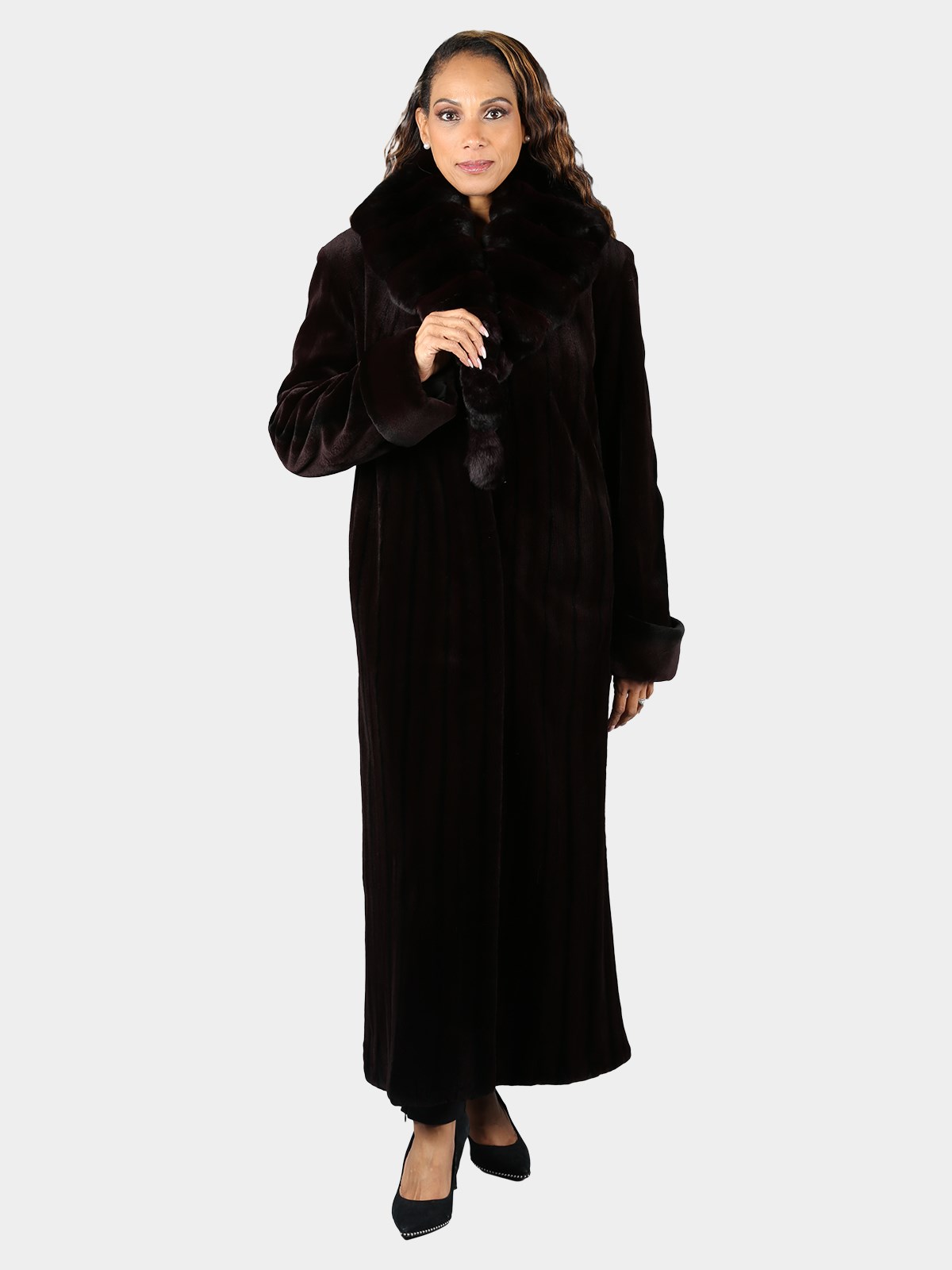 Woman's Extra Long Neiman Marcus Deep Brown Sheared Mink Fur Coat with Chinchilla Collar