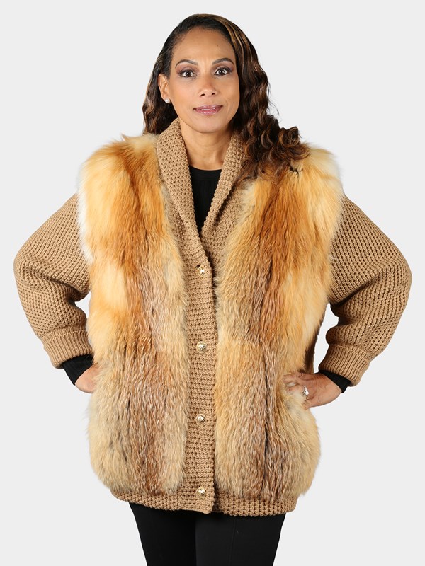 Woman's Natural Red Fox Jacket with Knit Sleeves and Trim