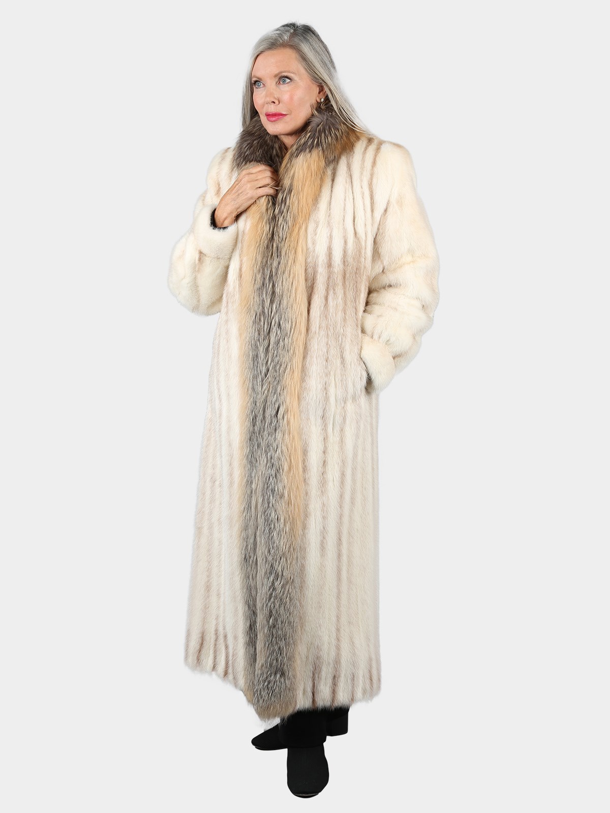 Woman's Natural Brown Cross Female Mink Fur Coat with Golden Isle Fox Tuxedo Front