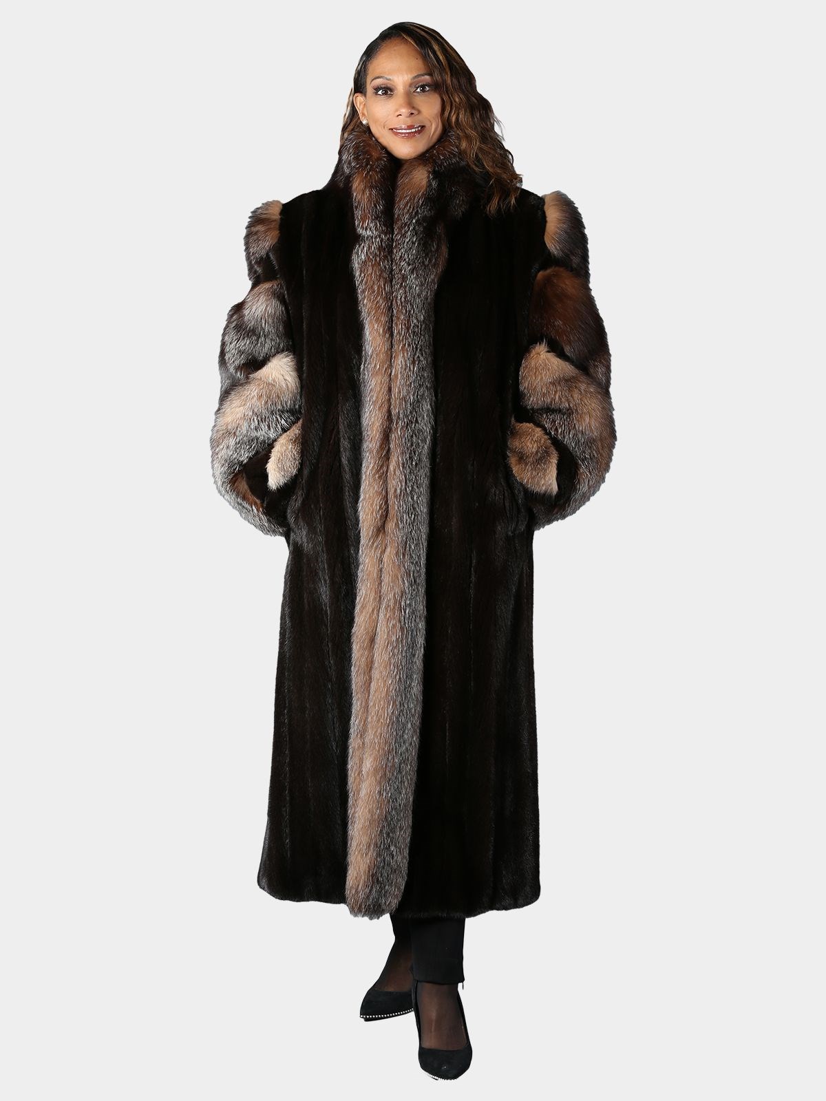 Plus Size Woman's Ranch Mink Fur Coat with Crystal Fox