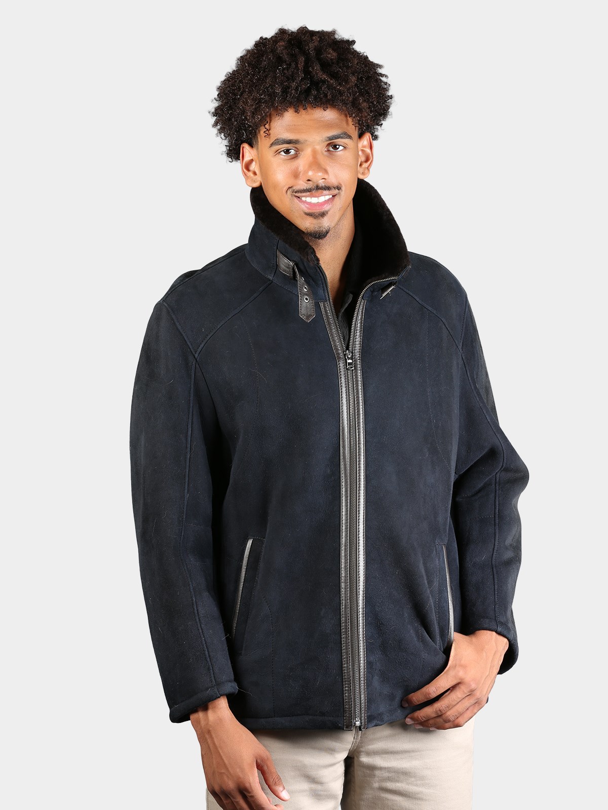 Man's Navy Suede Shearing Lamb Fur Jacket