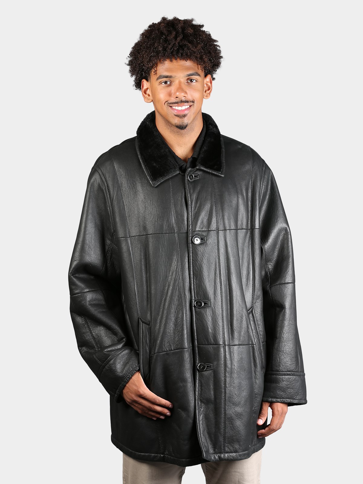Man's Plus Size Dyed Black Christ Shearling Lamb Fur 3/4 Coat