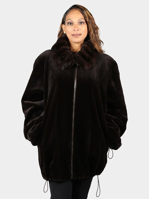 Unisex Plus Size Dyed  Dark Brown Sheared Mink Fur Jacket with Chinchilla Collar