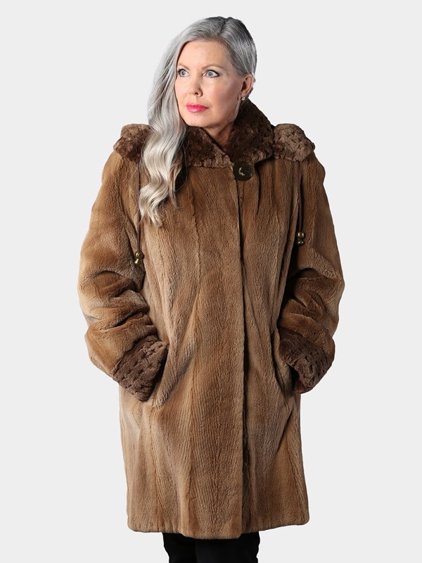Woman's Natural Light Brown Sheared Mink Fur Stroller with Detachable Hood and Sheared Brown Trim