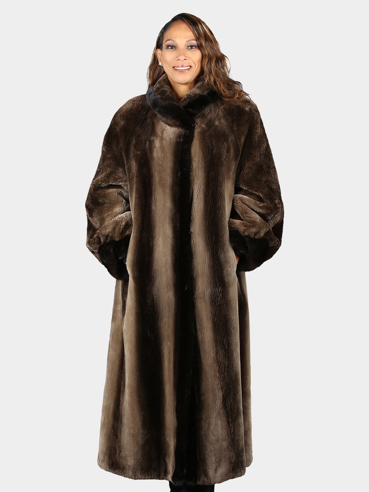 Woman's Natural Phantom Sheared Beaver Fur Coat with Ranch Mink Trim