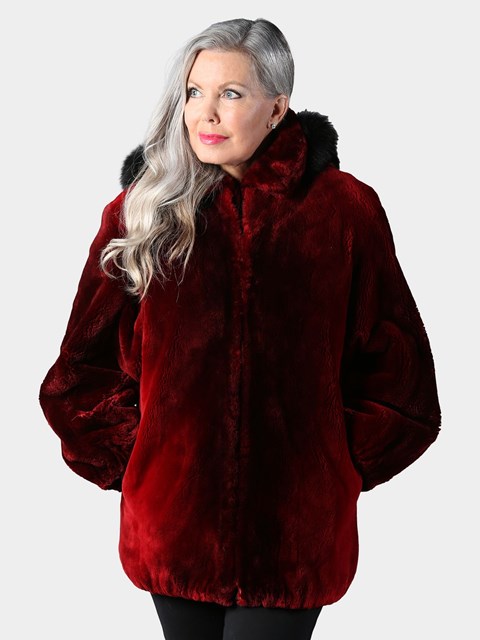 Woman's Dyed Deep Red Sheared Beaver Jacket with Detachable Hood