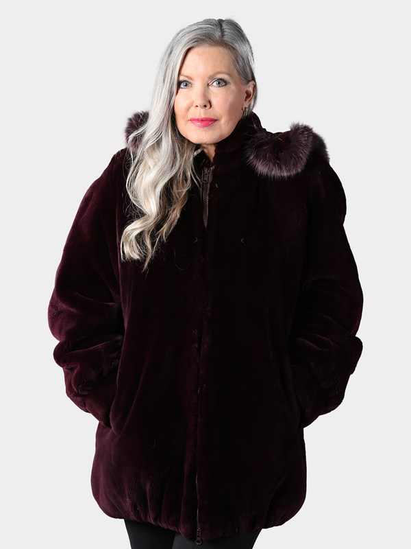 Woman's Deep Burgundy Sheared Beaver Fur Parka with Detachable Hood
