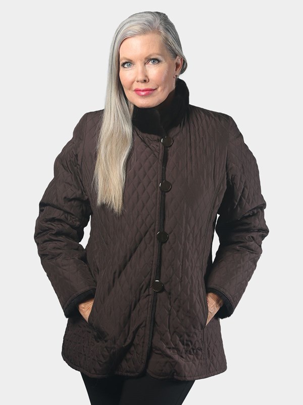 Woman's Dyed Brown Sheared Mink Fur Jacket Reversing to Quilted Rain Taffeta