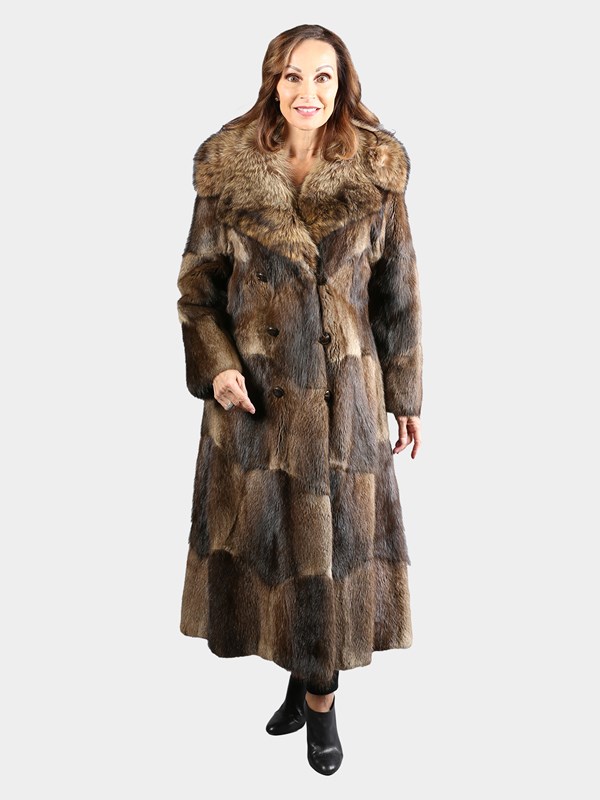 Woman's Vintage Natural Muskrat Coat with Racoon Collar