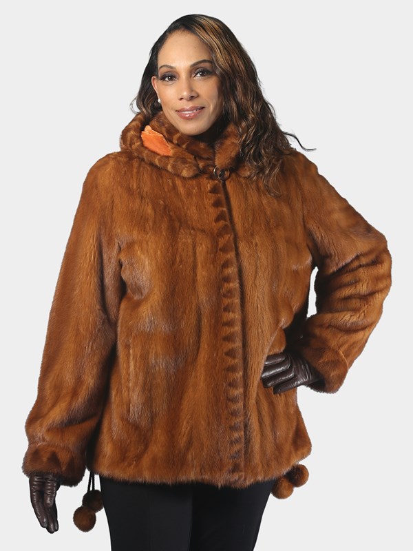 Woman's Natural Whiskey Female Mink Fur Jacket with Detachable Hood