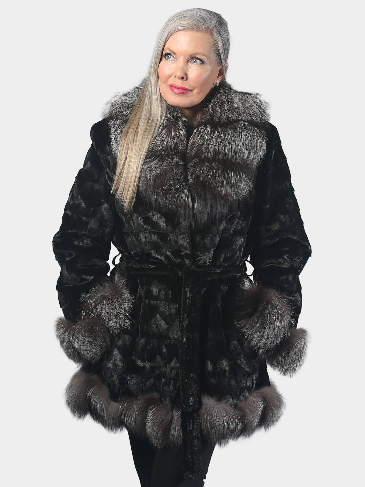 Woman's Natural Ranch Sheared and Sculptured Mink Fur Stroller with Silver Fox Trim and Belt