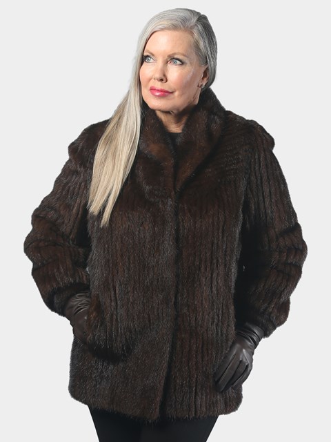 Woman's Natural Mahogany Cord Cut Mink Fur Jacket