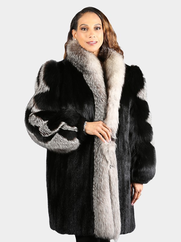 Woman's Plus Size Natural Ranch Mink Fur Stroller with Indigo Fox Tuxedo Front and Fox Sleeves