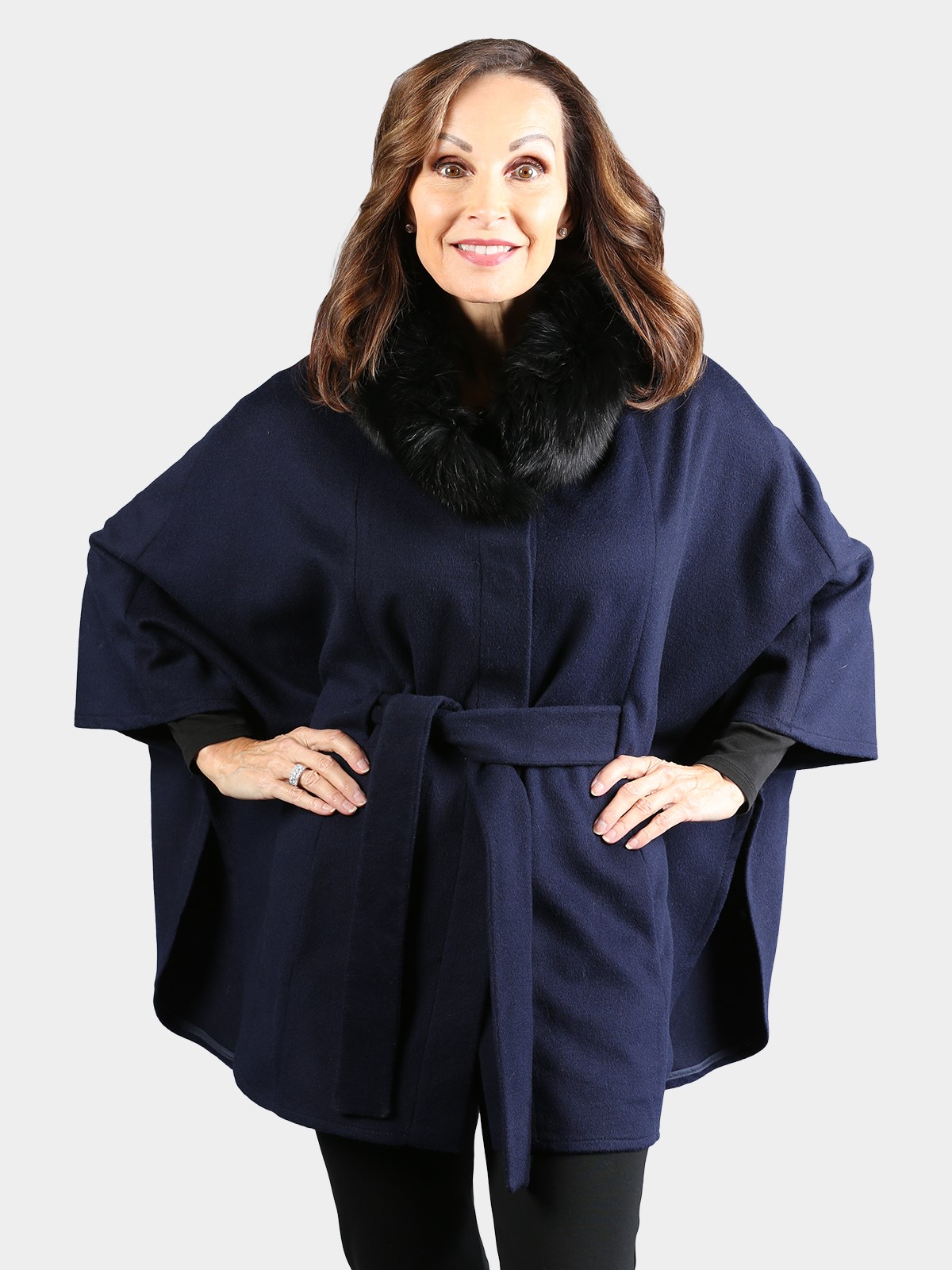 Woman's Gorski Navy Wool Cape with Black Fox Fur Collar