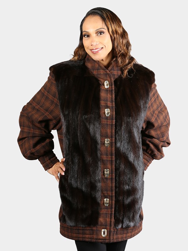 Woman's Deep Mahogany Fur Jacket with Fabric Sleeves and Trim
