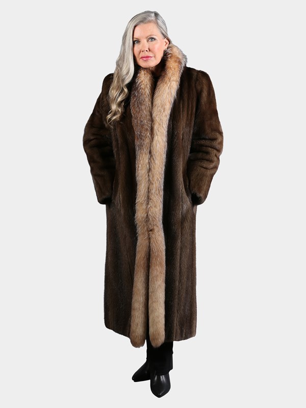 Woman's Natural Mahogany Mink Fur Coat with Crystal Fox