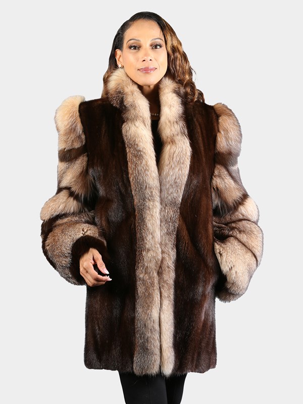 Woman's Natural Mahogany Mink Fur Stroller with Crystal Fox Tuxedo Front and Sleeves