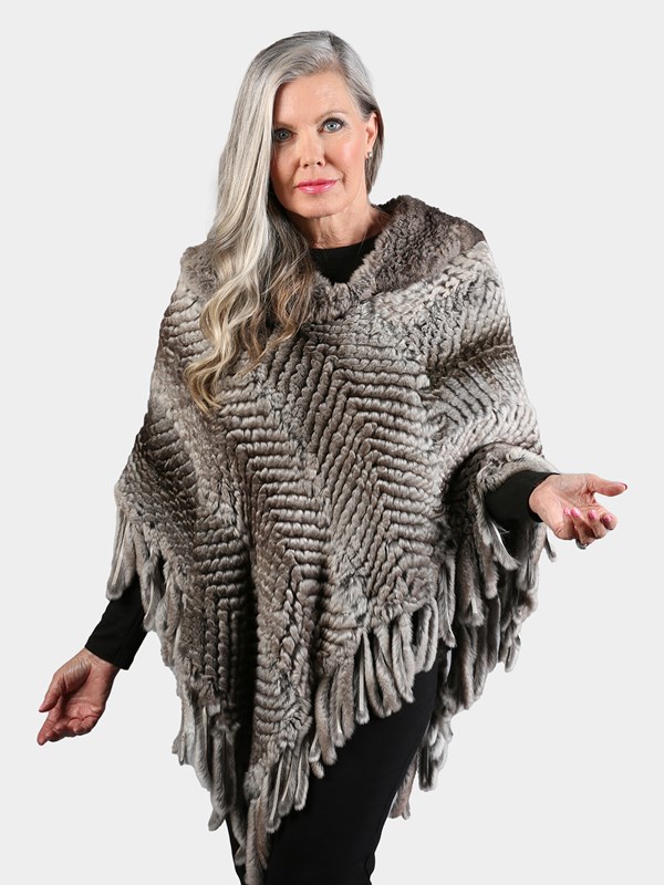 Woman's Grey Dyed Sheared and Knit Rex Rabbit Poncho