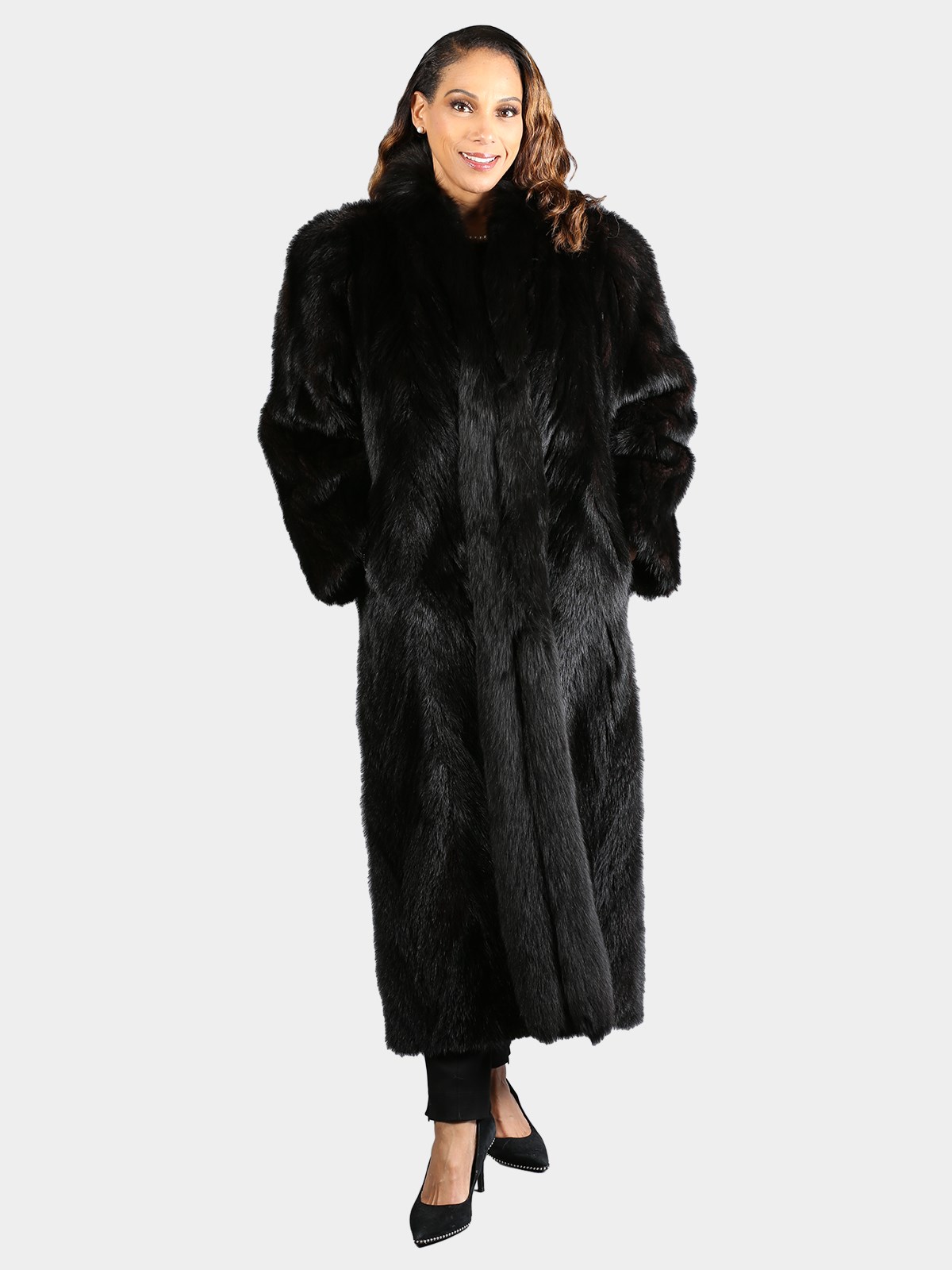 Woman's Dyed Black Mink Tail Fur Coat with Fox Tuxedo