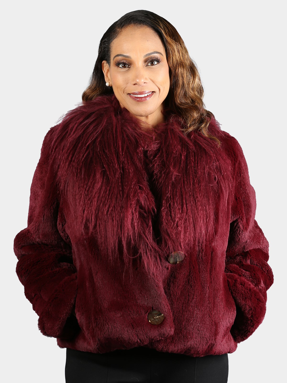 Woman's Scaasi Burgundy Dyed Rabbit Fur Jacket and Tibetan Lamb Collar