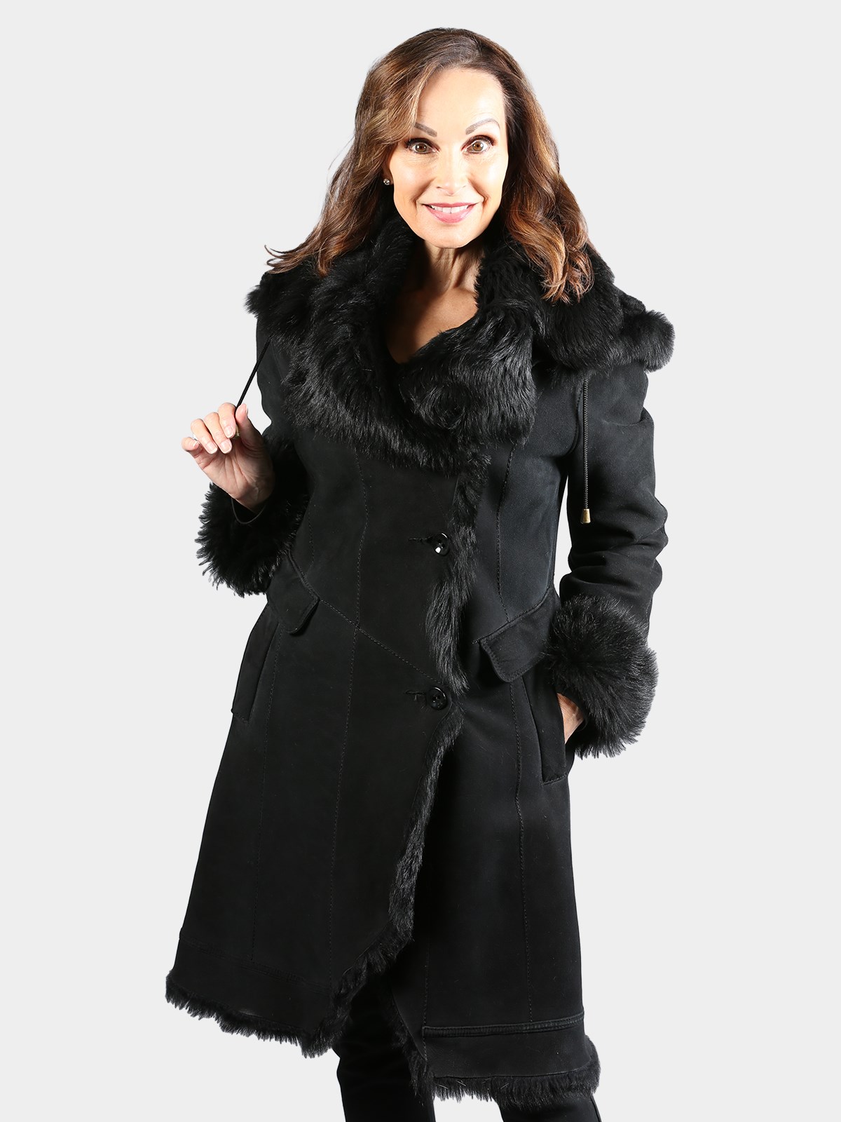 Woman's Black Shearling Lamb Fur Stroller with Detachable Hood