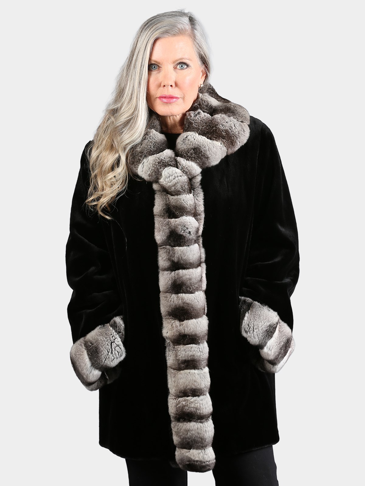Woman's Dyed Black Sheared Mink Fur Stroller with Natural Chinchilla Collar Cuffs and Front