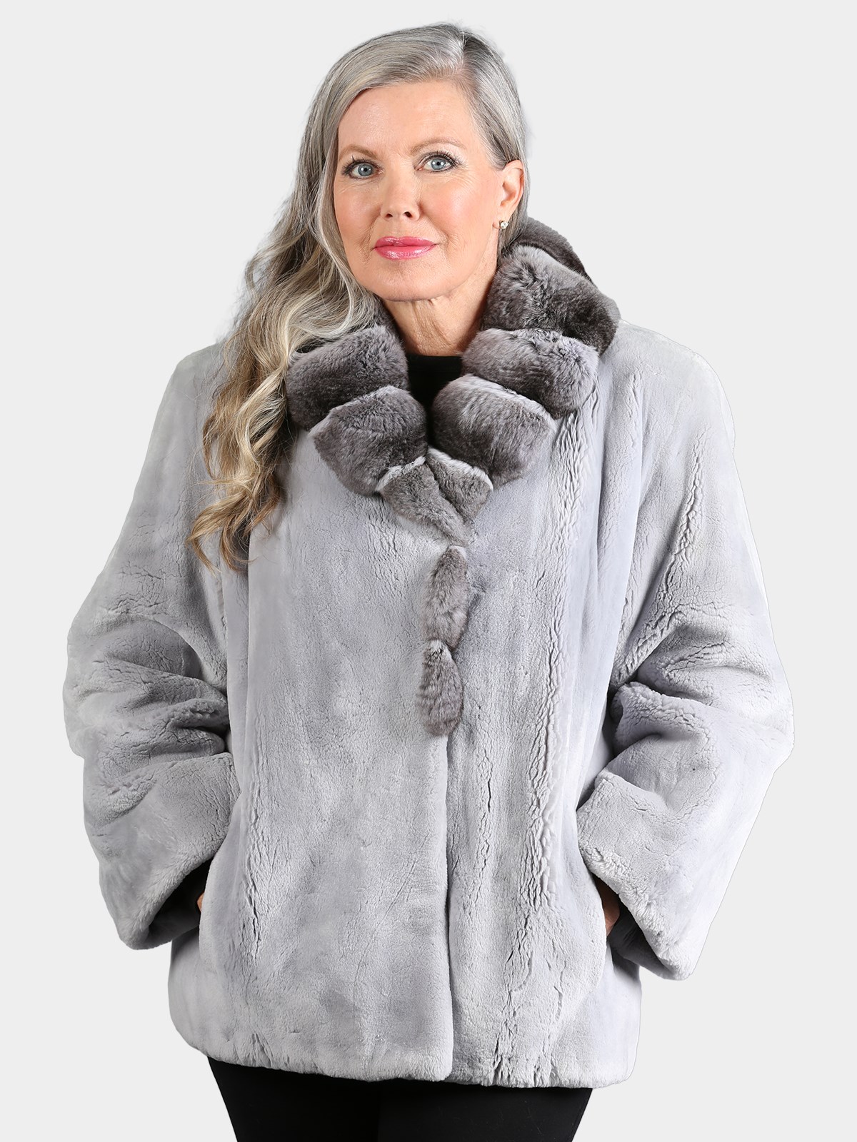 Woman's Dyed Light Grey Sheared Beaver Fur Jacket with Chinchilla Collar