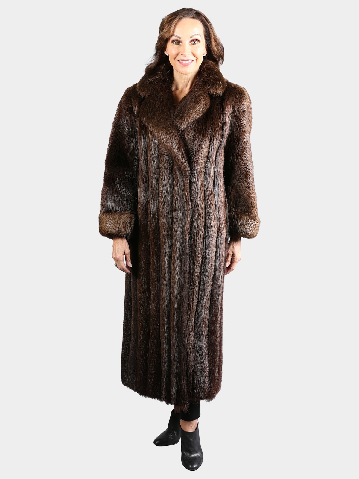 Woman's Petite Natural Medium Tone Long Hair Beaver Fur Coat